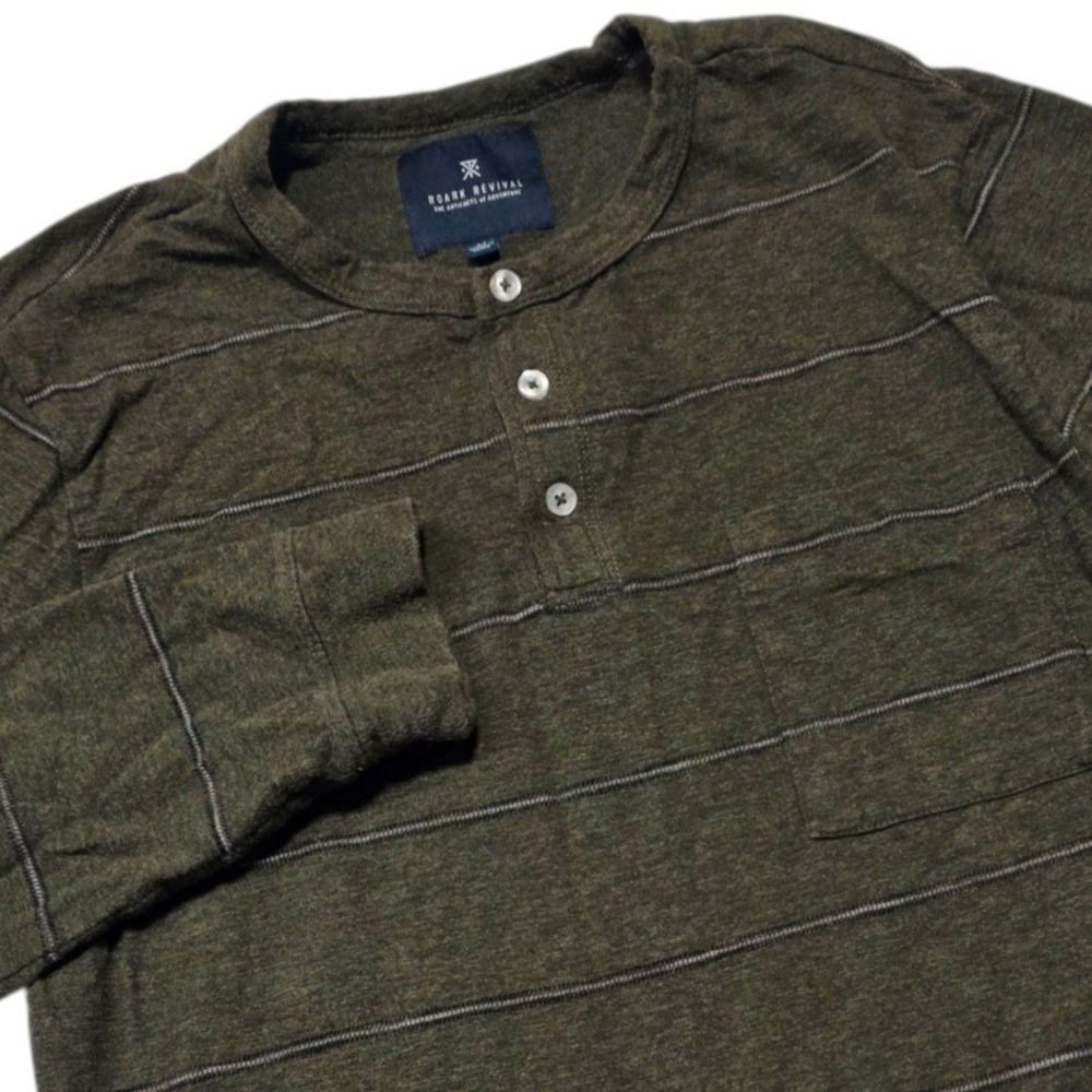 Roark Revival Henley Mens Size M Olive Green Striped Long Sleeve Pocket Shirt